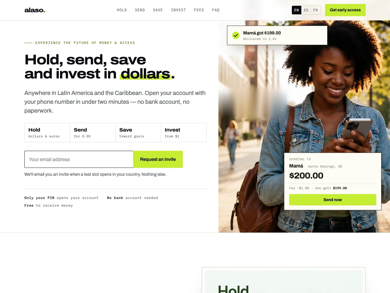Alaso homepage — a fintech for holding, sending, saving and investing in dollars