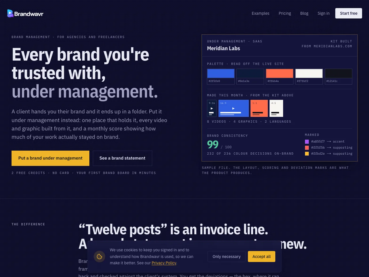 Brandwavr homepage — brand management and consistency scoring for agencies and freelancers