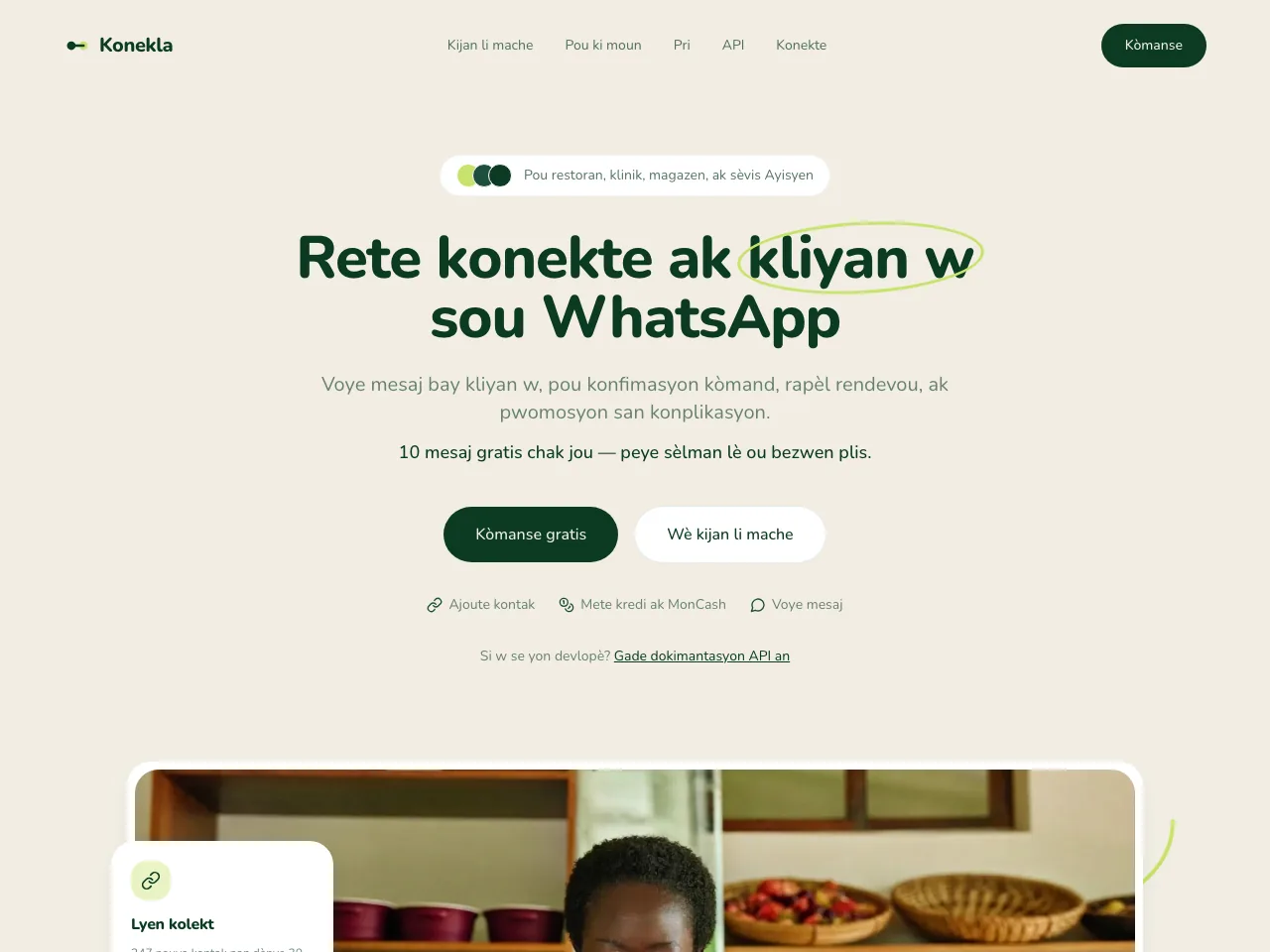 Konekla homepage — WhatsApp messaging platform for Haitian businesses