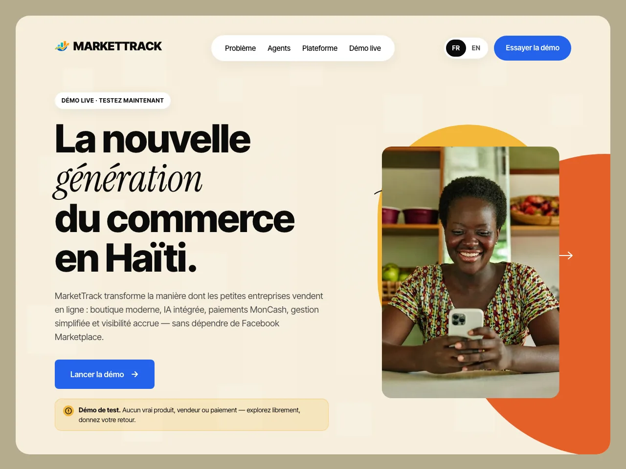 MarketTrack homepage — AI-assisted e-commerce marketplace for Haiti