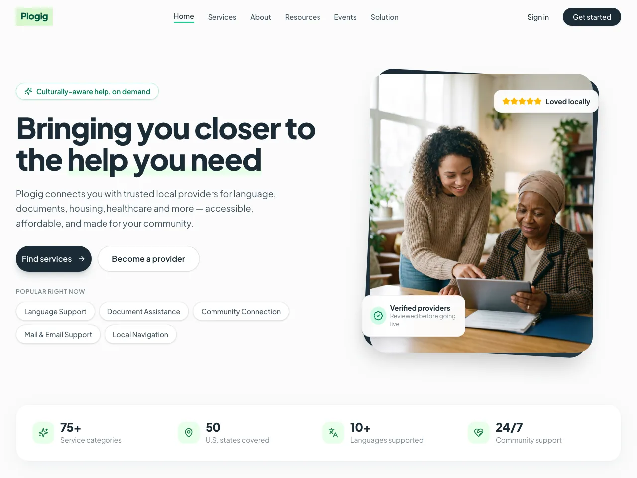 Plogig homepage — marketplace connecting communities with culturally-aware providers