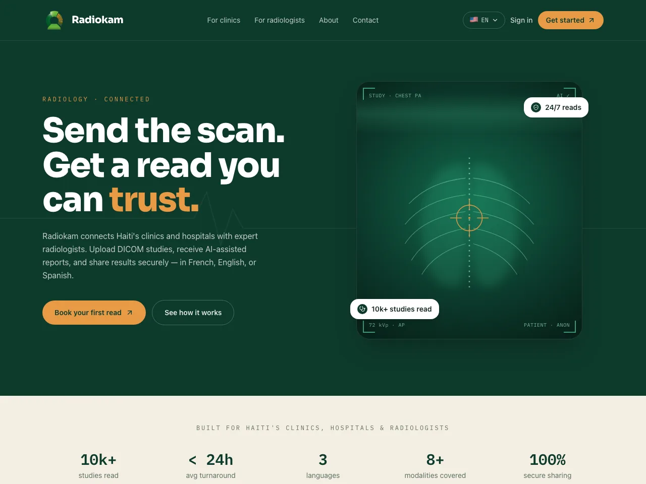 Radiokam homepage — teleradiology platform connecting Haiti's clinics with expert radiologists