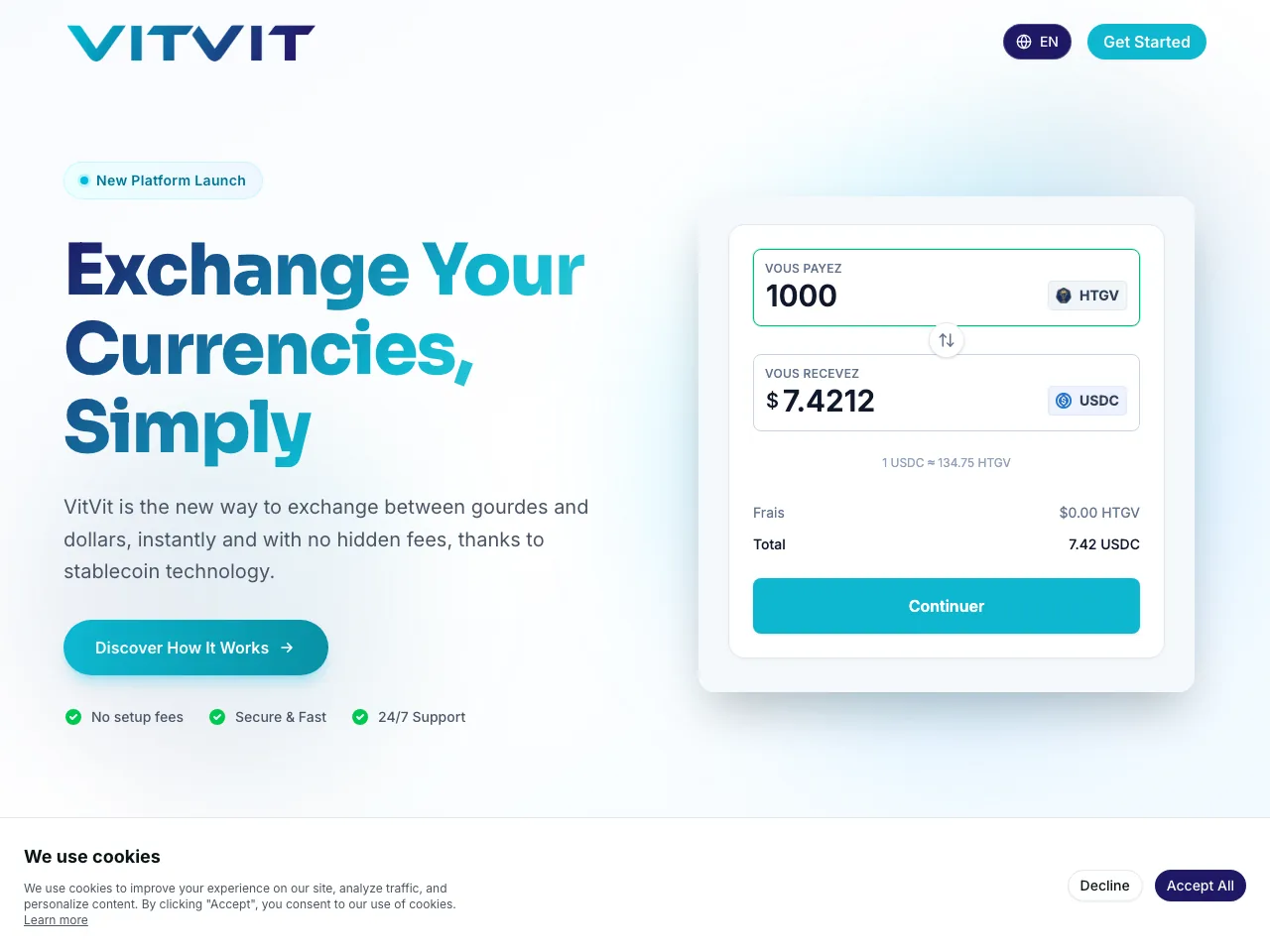 VitVit homepage — instant gourde-to-dollar exchange via stablecoins for Haiti